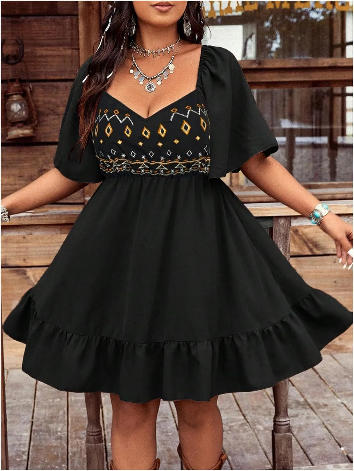 Women's Plus Size Western Dress Floral Embroidered Cowgirl Dresses Country Mini Summer Dress