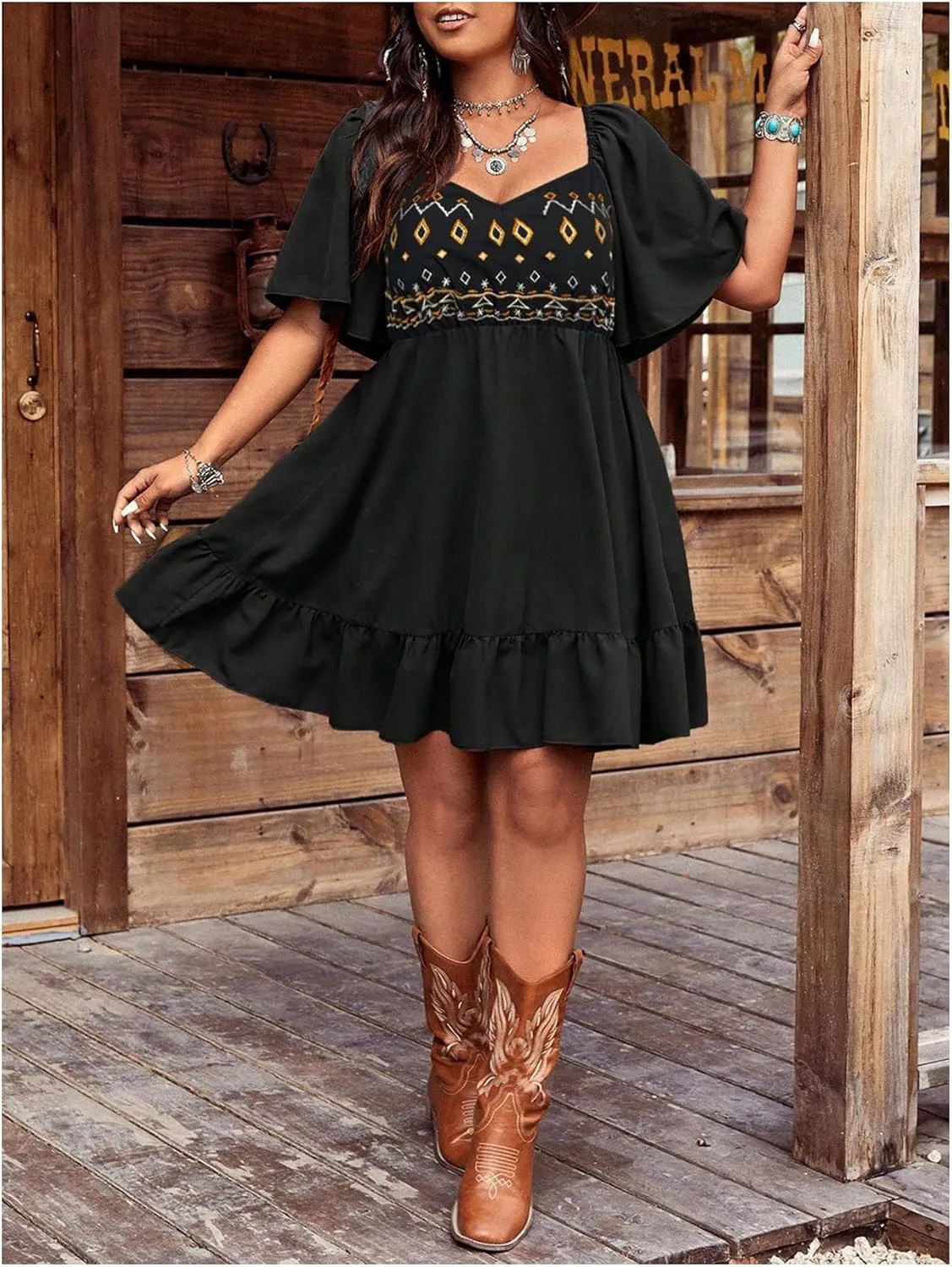 Women's Plus Size Western Dress Floral Embroidered Cowgirl Dresses Country Mini Summer Dress