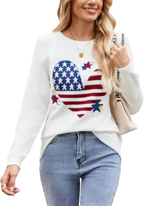 Women's Pullover Sweaters Long Sleeve Front Ribbed Knitted Cute Heart Sweater