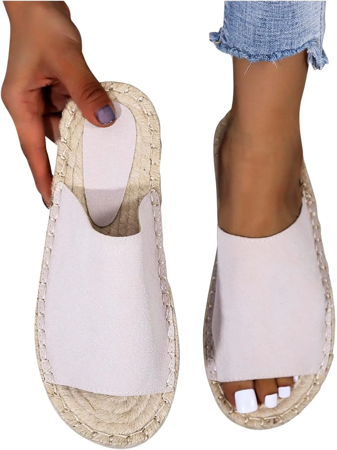 Womens Raffia Sandals Straw Woven Flats Flip Flops Basic Plain Slippers Slip On Sandal Comfy Beach Slides for Summer