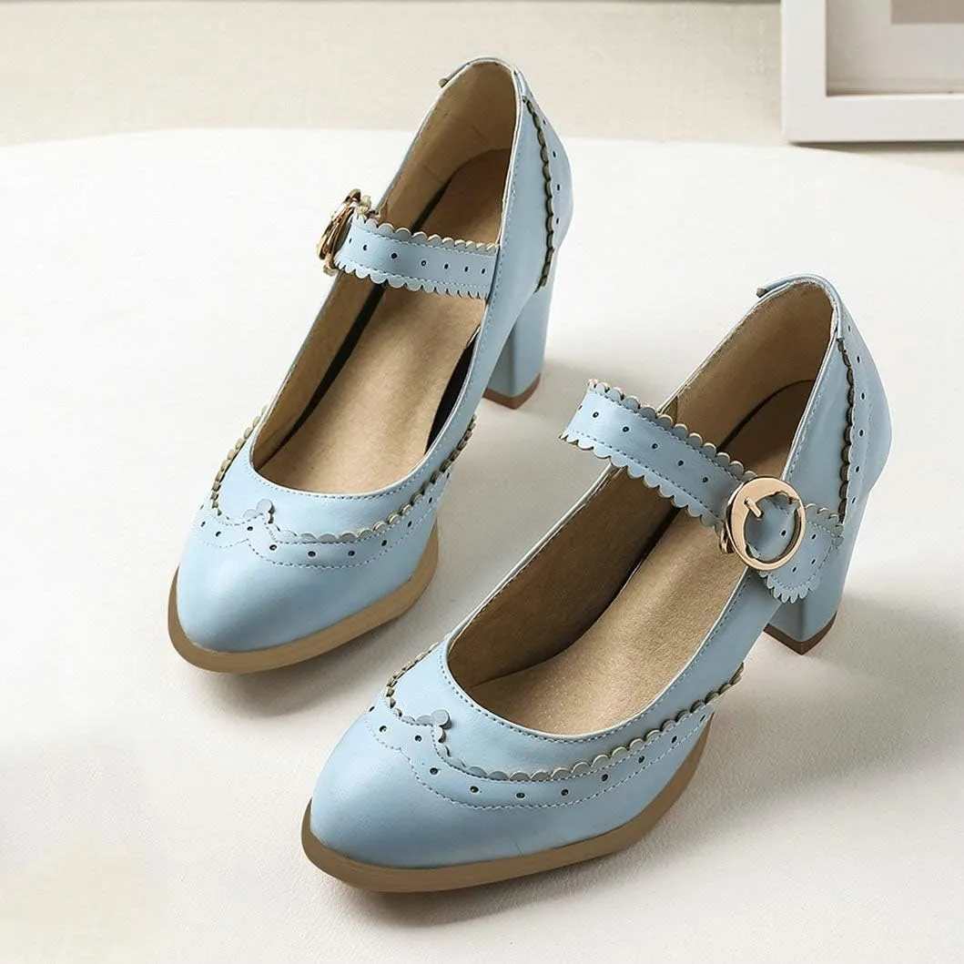 Womens Rockabilly Shoes Mary Jane Block High Heel Closed Toe Pumps Wingtip Vintage Dress Shoes