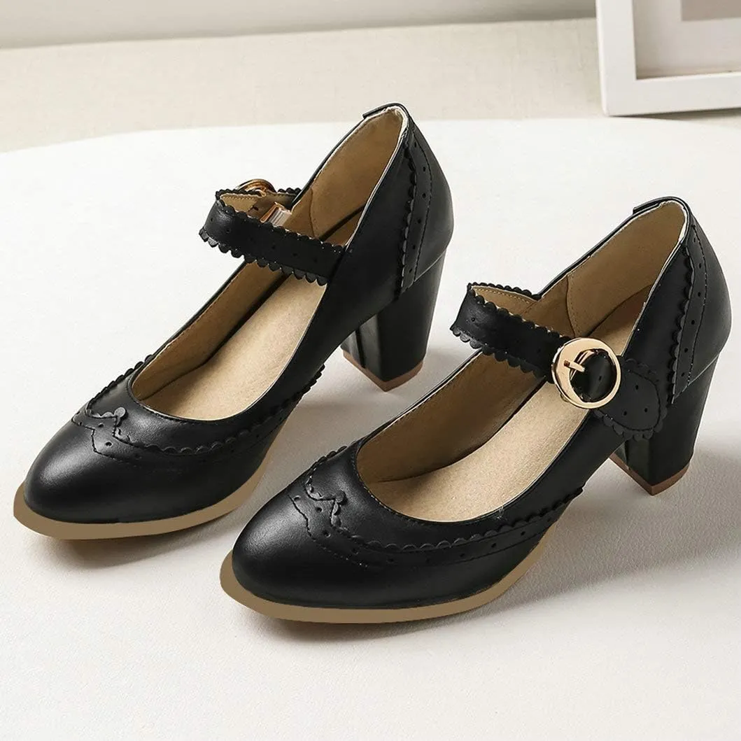 Womens Rockabilly Shoes Mary Jane Block High Heel Closed Toe Pumps Wingtip Vintage Dress Shoes