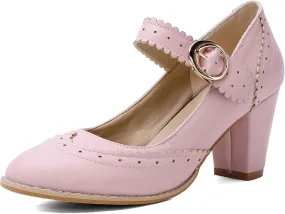 Womens Rockabilly Shoes Mary Jane Block High Heel Closed Toe Pumps Wingtip Vintage Dress Shoes