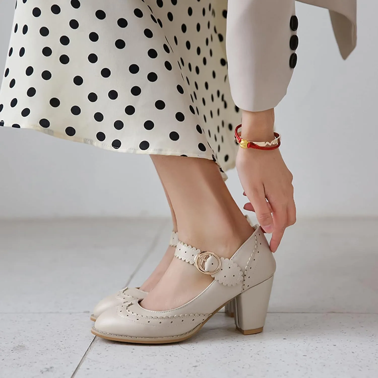Womens Rockabilly Shoes Mary Jane Block High Heel Closed Toe Pumps Wingtip Vintage Dress Shoes