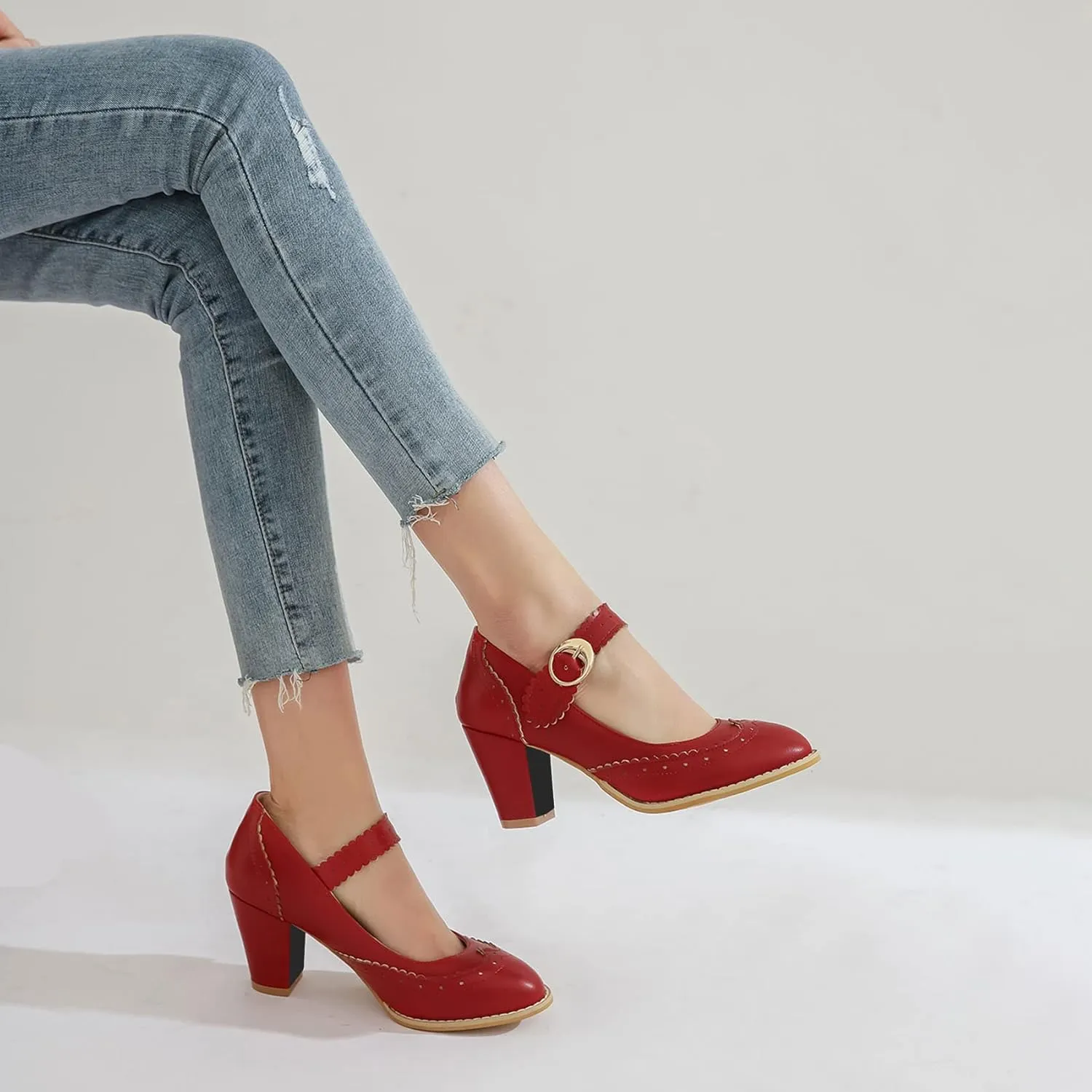 Womens Rockabilly Shoes Mary Jane Block High Heel Closed Toe Pumps Wingtip Vintage Dress Shoes