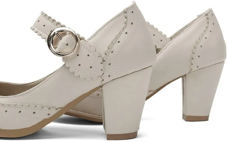 Womens Rockabilly Shoes Mary Jane Block High Heel Closed Toe Pumps Wingtip Vintage Dress Shoes
