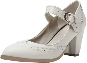 Womens Rockabilly Shoes Mary Jane Block High Heel Closed Toe Pumps Wingtip Vintage Dress Shoes