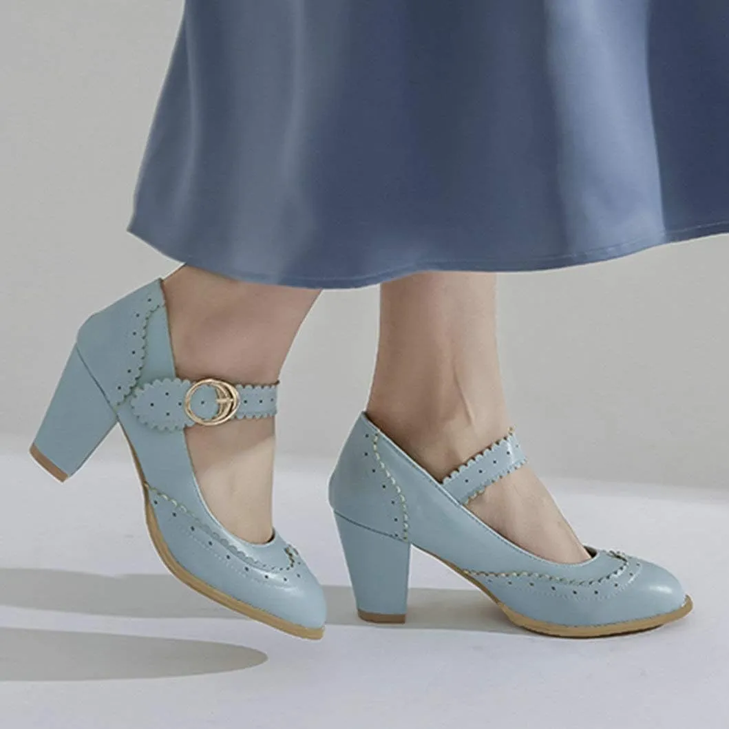 Womens Rockabilly Shoes Mary Jane Block High Heel Closed Toe Pumps Wingtip Vintage Dress Shoes