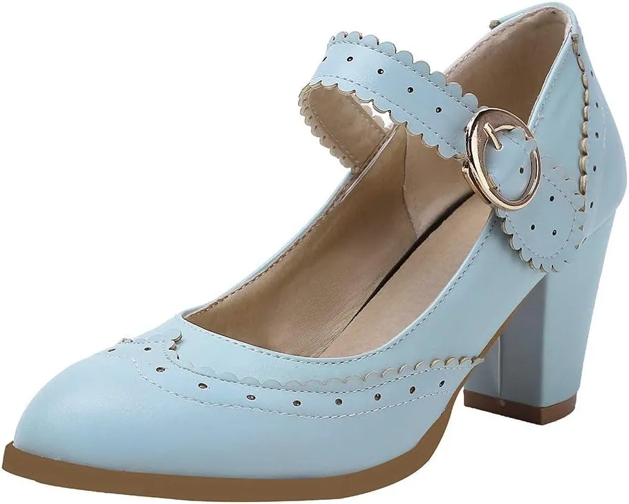 Womens Rockabilly Shoes Mary Jane Block High Heel Closed Toe Pumps Wingtip Vintage Dress Shoes