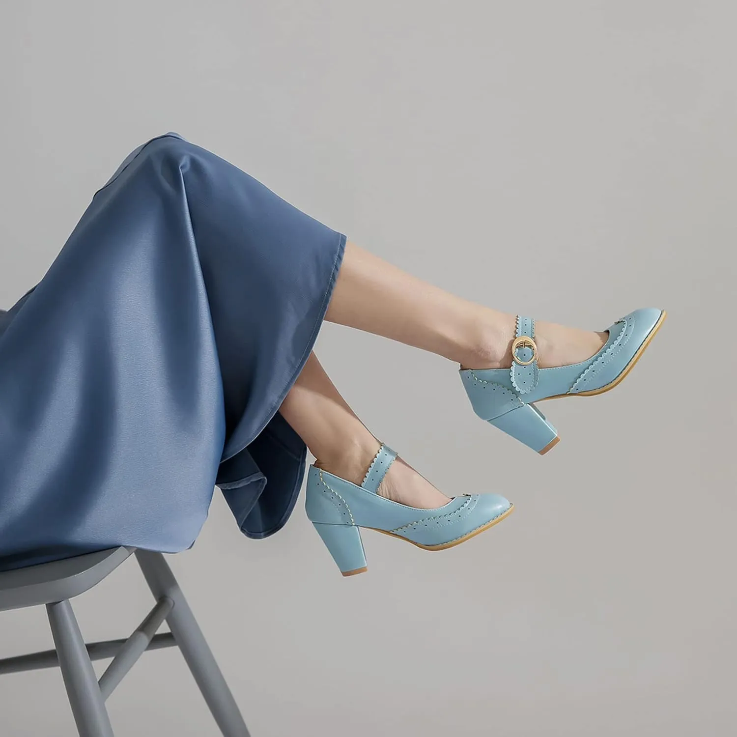 Womens Rockabilly Shoes Mary Jane Block High Heel Closed Toe Pumps Wingtip Vintage Dress Shoes