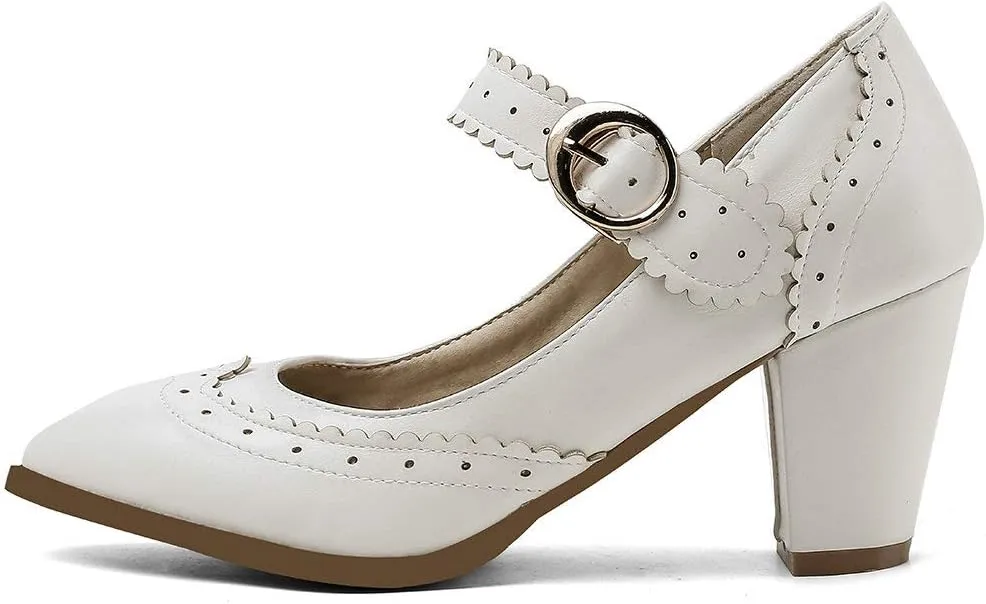 Womens Rockabilly Shoes Mary Jane Block High Heel Closed Toe Pumps Wingtip Vintage Dress Shoes