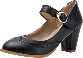 Womens Rockabilly Shoes Mary Jane Block High Heel Closed Toe Pumps Wingtip Vintage Dress Shoes