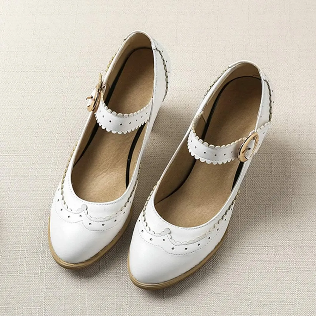 Womens Rockabilly Shoes Mary Jane Block High Heel Closed Toe Pumps Wingtip Vintage Dress Shoes