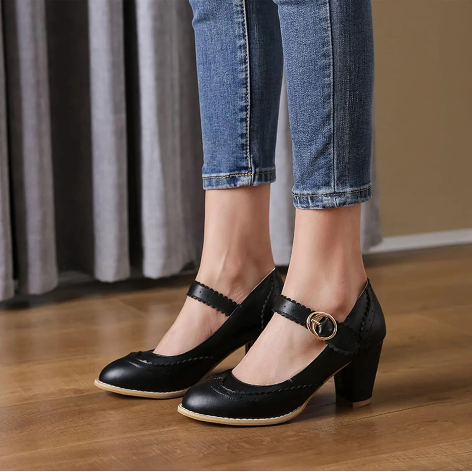 Womens Rockabilly Shoes Mary Jane Block High Heel Closed Toe Pumps Wingtip Vintage Dress Shoes
