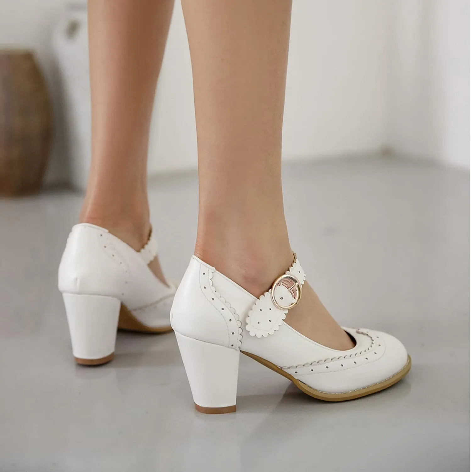 Womens Rockabilly Shoes Mary Jane Block High Heel Closed Toe Pumps Wingtip Vintage Dress Shoes