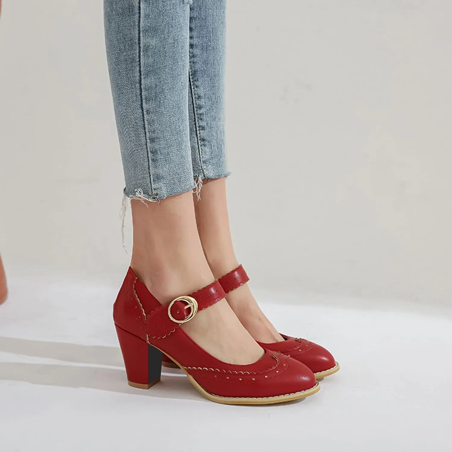 Womens Rockabilly Shoes Mary Jane Block High Heel Closed Toe Pumps Wingtip Vintage Dress Shoes