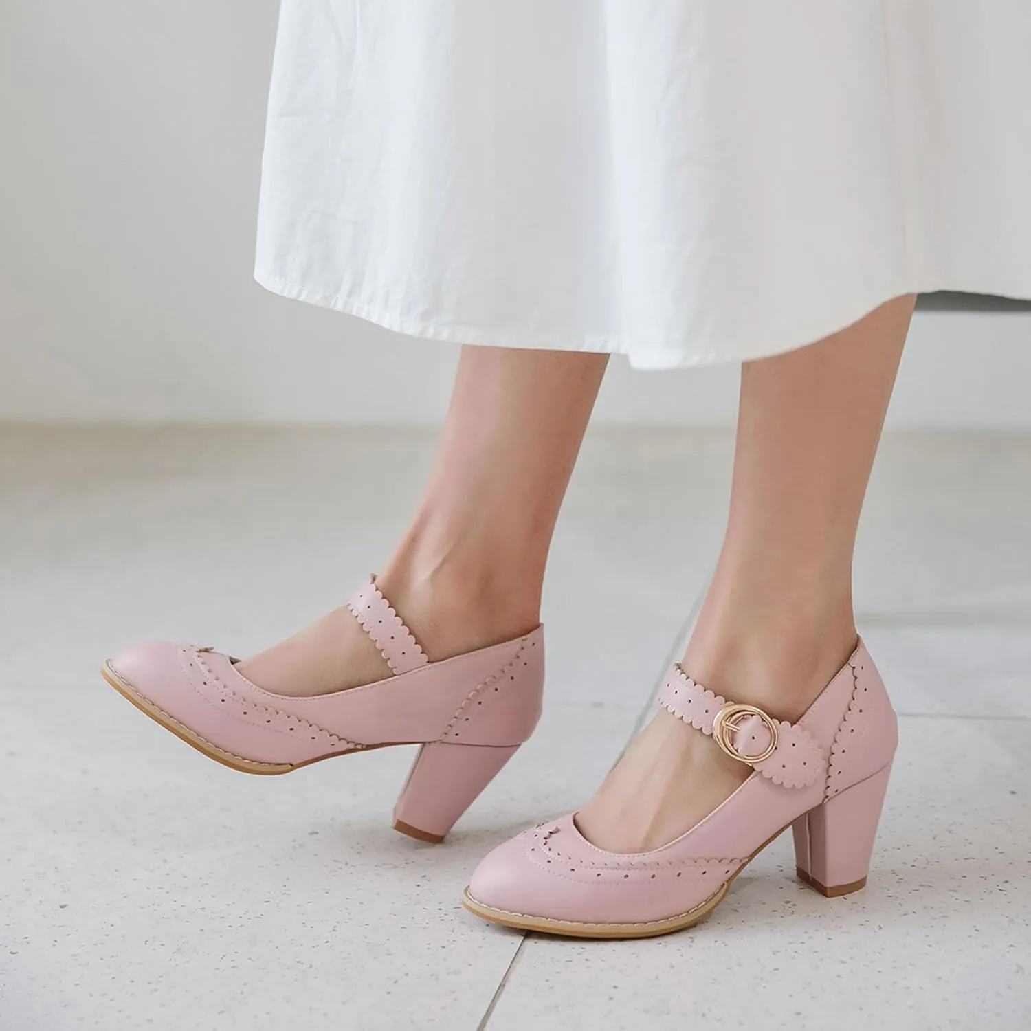 Womens Rockabilly Shoes Mary Jane Block High Heel Closed Toe Pumps Wingtip Vintage Dress Shoes