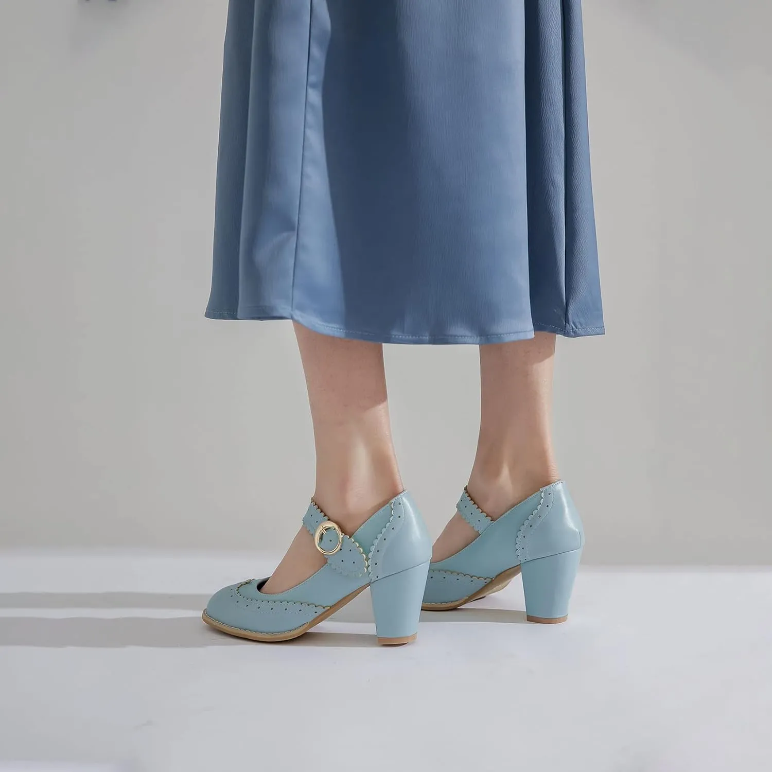 Womens Rockabilly Shoes Mary Jane Block High Heel Closed Toe Pumps Wingtip Vintage Dress Shoes