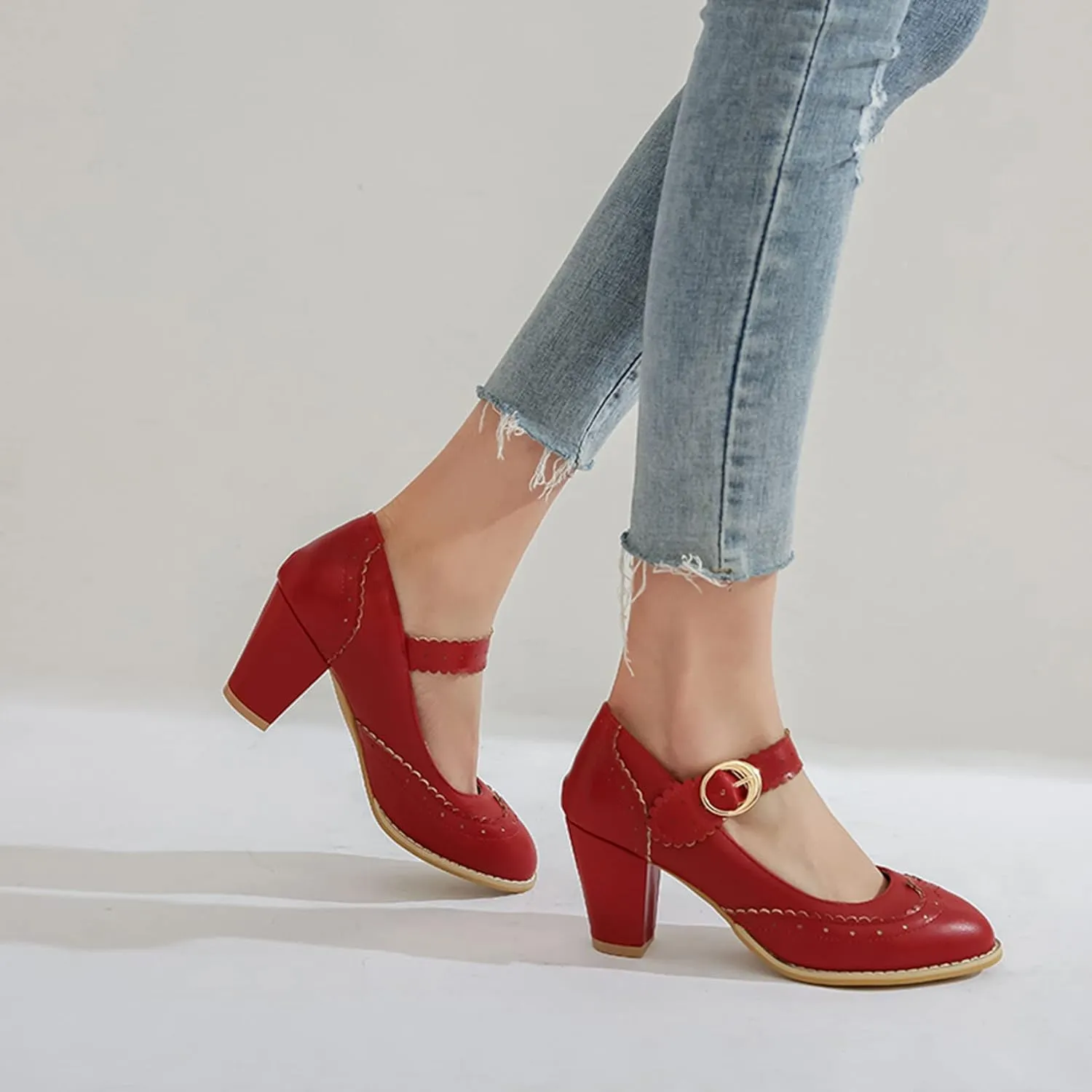Womens Rockabilly Shoes Mary Jane Block High Heel Closed Toe Pumps Wingtip Vintage Dress Shoes