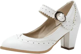 Womens Rockabilly Shoes Mary Jane Block High Heel Closed Toe Pumps Wingtip Vintage Dress Shoes