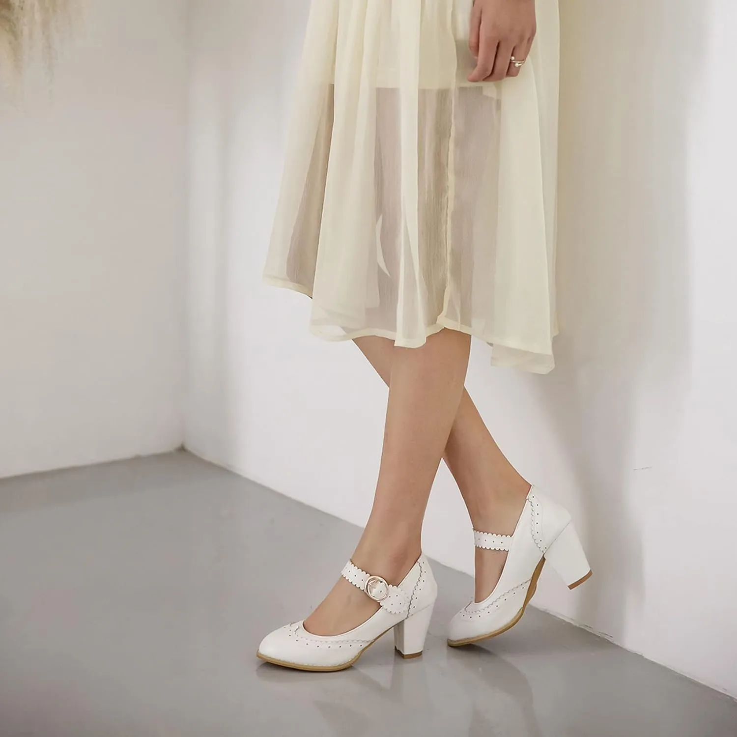 Womens Rockabilly Shoes Mary Jane Block High Heel Closed Toe Pumps Wingtip Vintage Dress Shoes