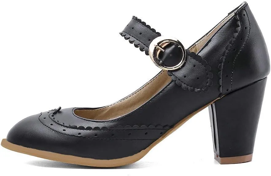 Womens Rockabilly Shoes Mary Jane Block High Heel Closed Toe Pumps Wingtip Vintage Dress Shoes