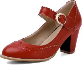 Womens Rockabilly Shoes Mary Jane Block High Heel Closed Toe Pumps Wingtip Vintage Dress Shoes