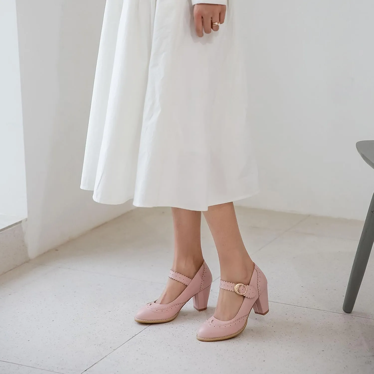 Womens Rockabilly Shoes Mary Jane Block High Heel Closed Toe Pumps Wingtip Vintage Dress Shoes