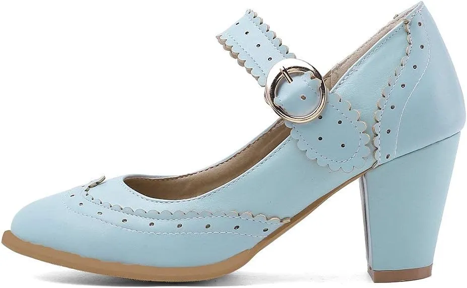 Womens Rockabilly Shoes Mary Jane Block High Heel Closed Toe Pumps Wingtip Vintage Dress Shoes