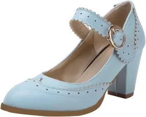 Womens Rockabilly Shoes Mary Jane Block High Heel Closed Toe Pumps Wingtip Vintage Dress Shoes