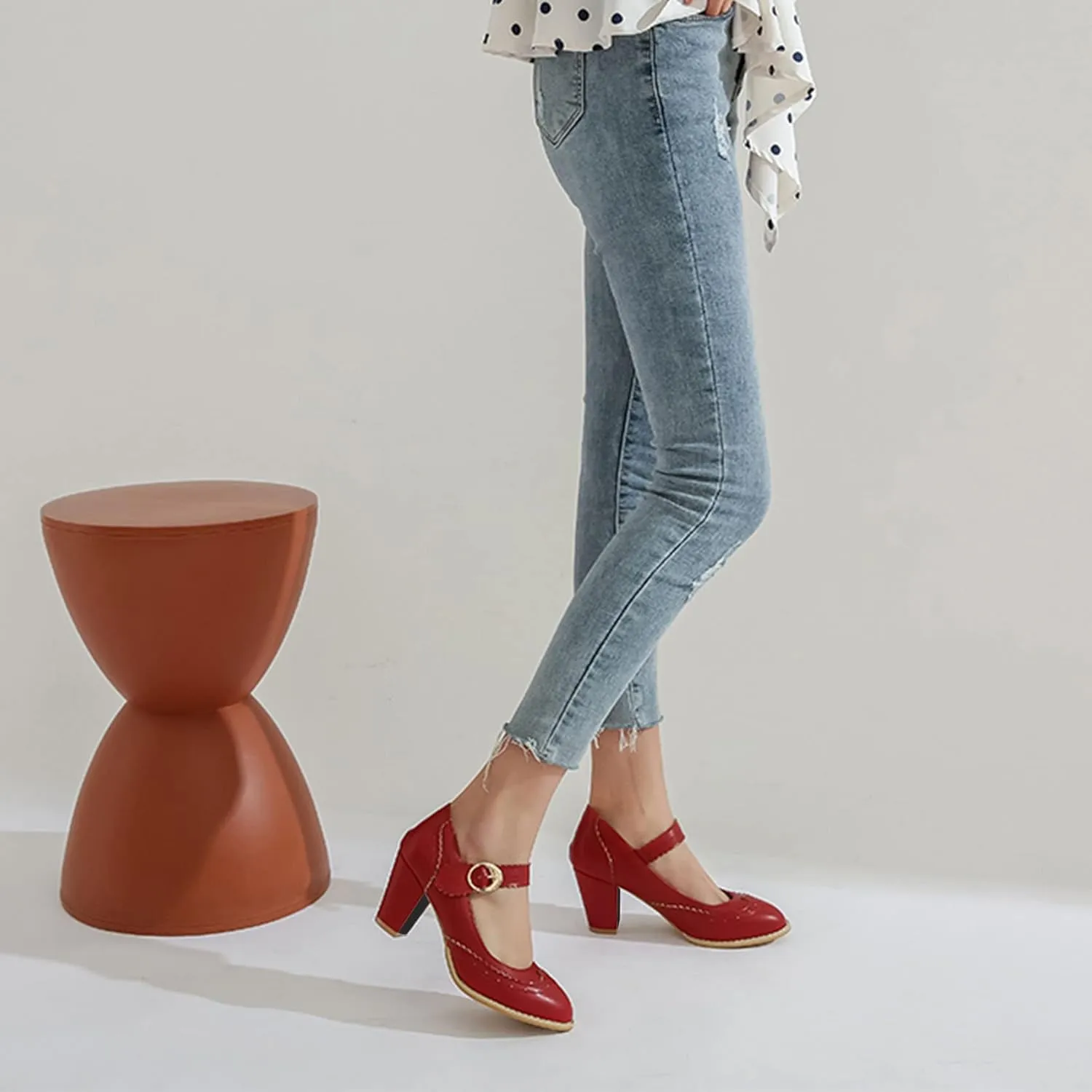 Womens Rockabilly Shoes Mary Jane Block High Heel Closed Toe Pumps Wingtip Vintage Dress Shoes