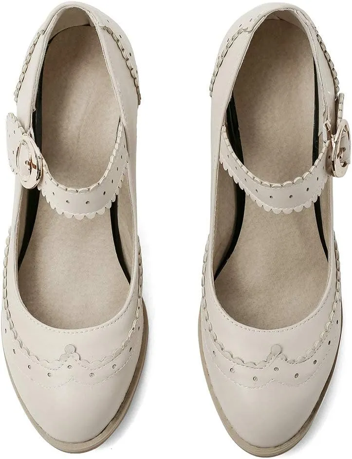 Womens Rockabilly Shoes Mary Jane Block High Heel Closed Toe Pumps Wingtip Vintage Dress Shoes