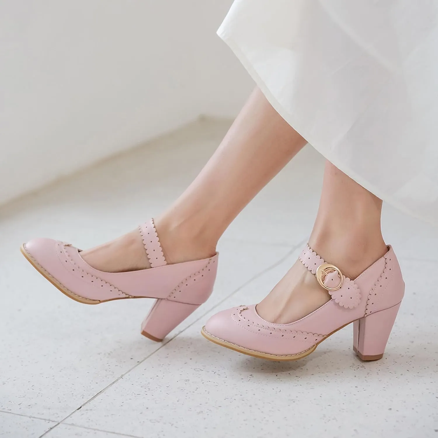 Womens Rockabilly Shoes Mary Jane Block High Heel Closed Toe Pumps Wingtip Vintage Dress Shoes