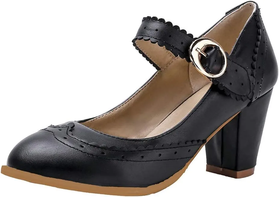 Womens Rockabilly Shoes Mary Jane Block High Heel Closed Toe Pumps Wingtip Vintage Dress Shoes
