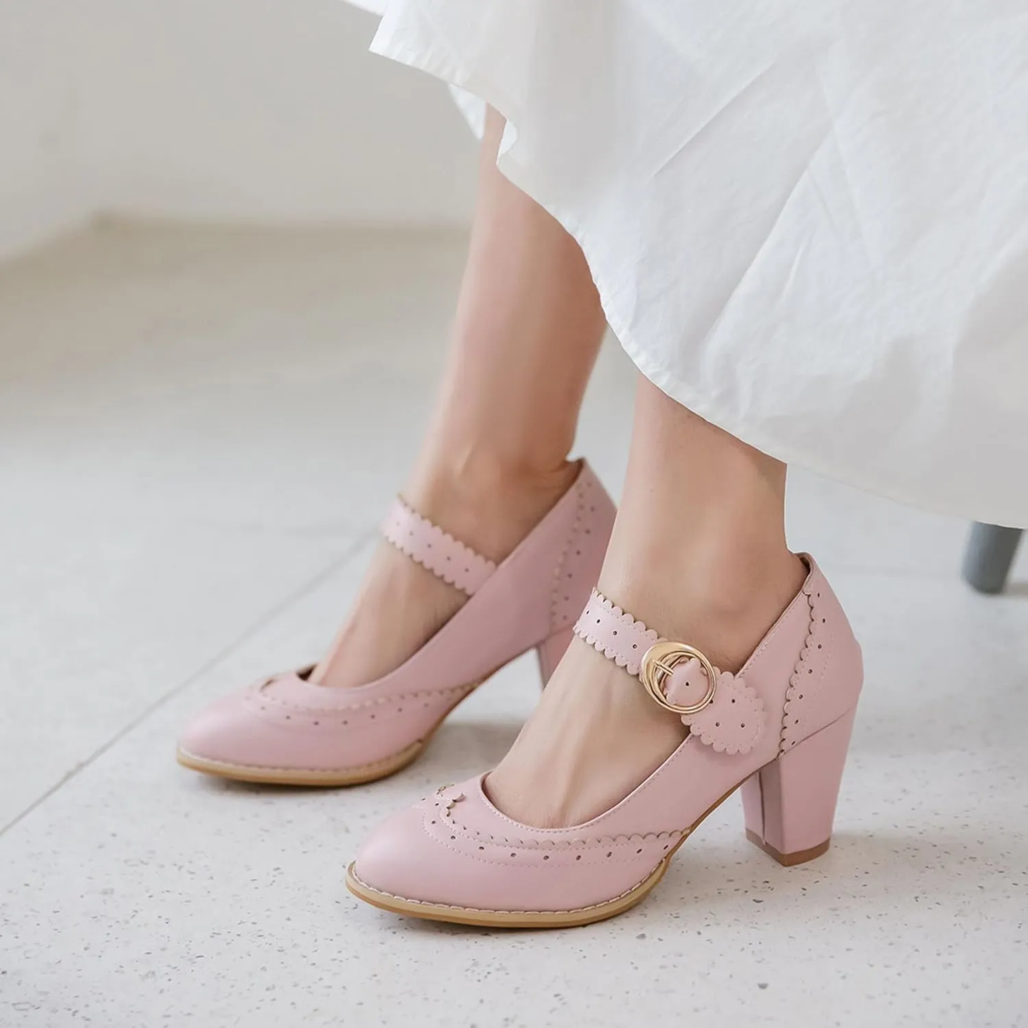Womens Rockabilly Shoes Mary Jane Block High Heel Closed Toe Pumps Wingtip Vintage Dress Shoes