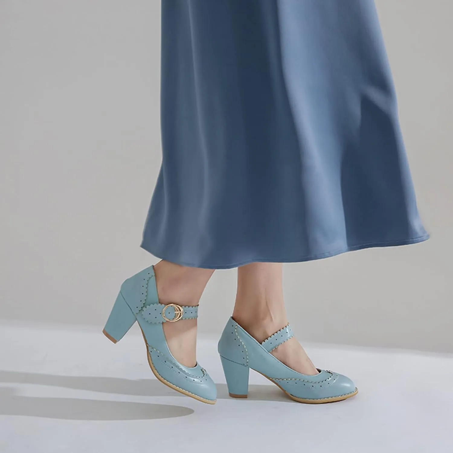 Womens Rockabilly Shoes Mary Jane Block High Heel Closed Toe Pumps Wingtip Vintage Dress Shoes
