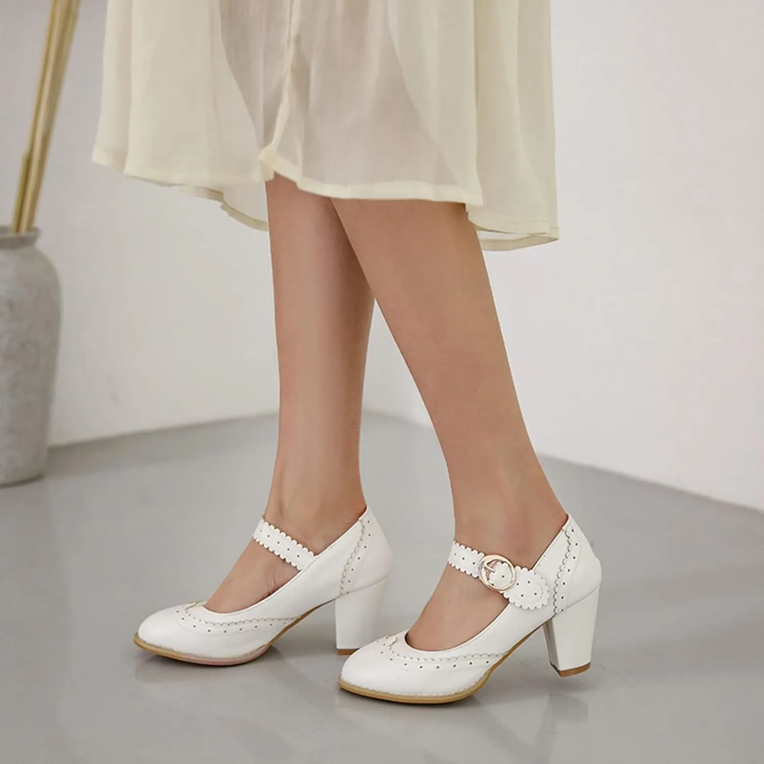 Womens Rockabilly Shoes Mary Jane Block High Heel Closed Toe Pumps Wingtip Vintage Dress Shoes