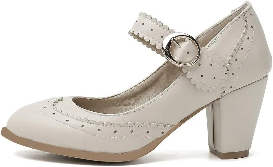 Womens Rockabilly Shoes Mary Jane Block High Heel Closed Toe Pumps Wingtip Vintage Dress Shoes