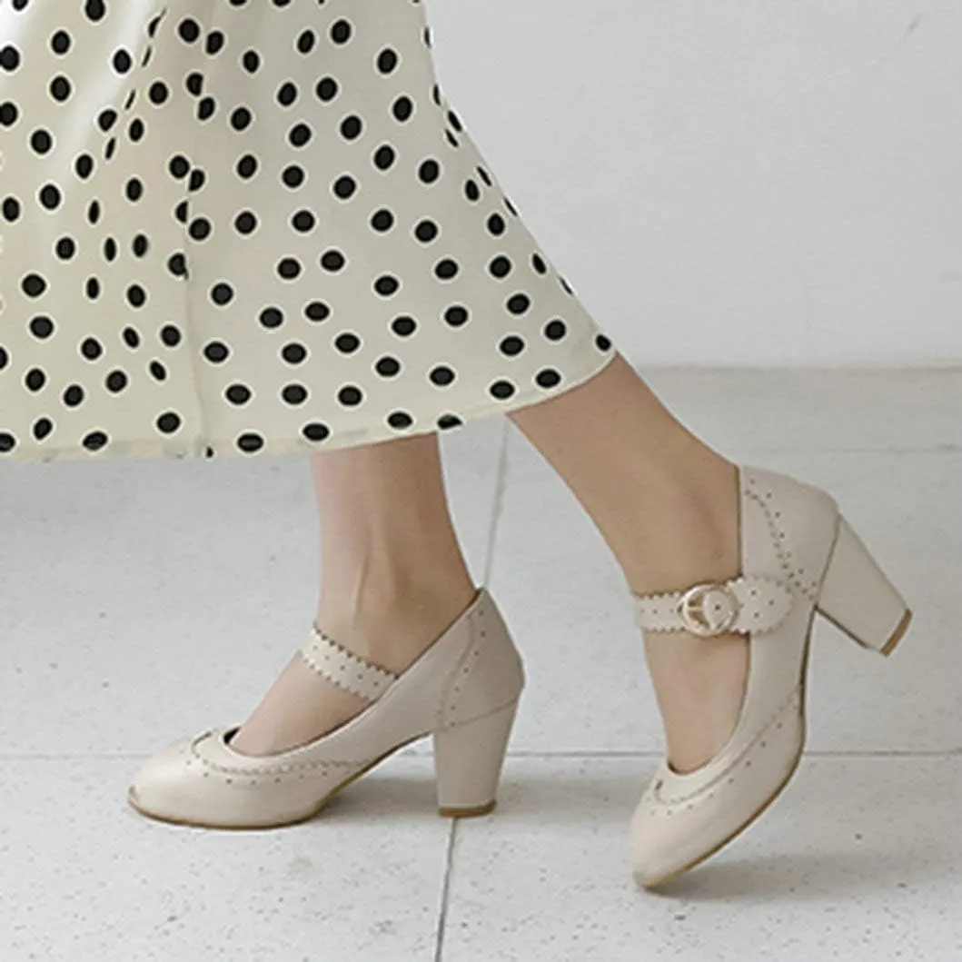 Womens Rockabilly Shoes Mary Jane Block High Heel Closed Toe Pumps Wingtip Vintage Dress Shoes
