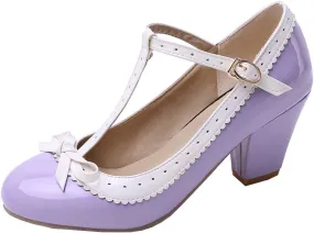 Womens Rockabilly Shoes T-Strap Mary Jane Block High Heel Closed Toe Pumps