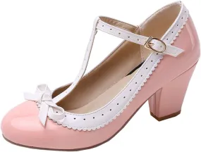 Womens Rockabilly Shoes T-Strap Mary Jane Block High Heel Closed Toe Pumps