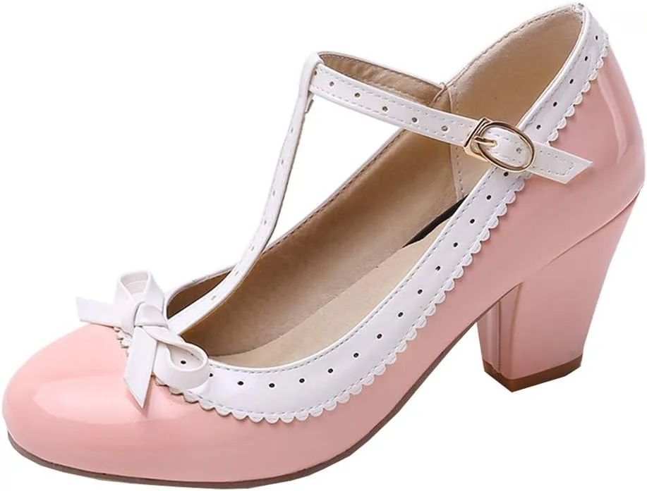 Womens Rockabilly Shoes T-Strap Mary Jane Block High Heel Closed Toe Pumps