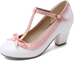Womens Rockabilly Shoes T-Strap Mary Jane Block High Heel Closed Toe Pumps