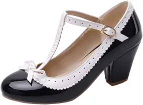 Womens Rockabilly Shoes T-Strap Mary Jane Block High Heel Closed Toe Pumps