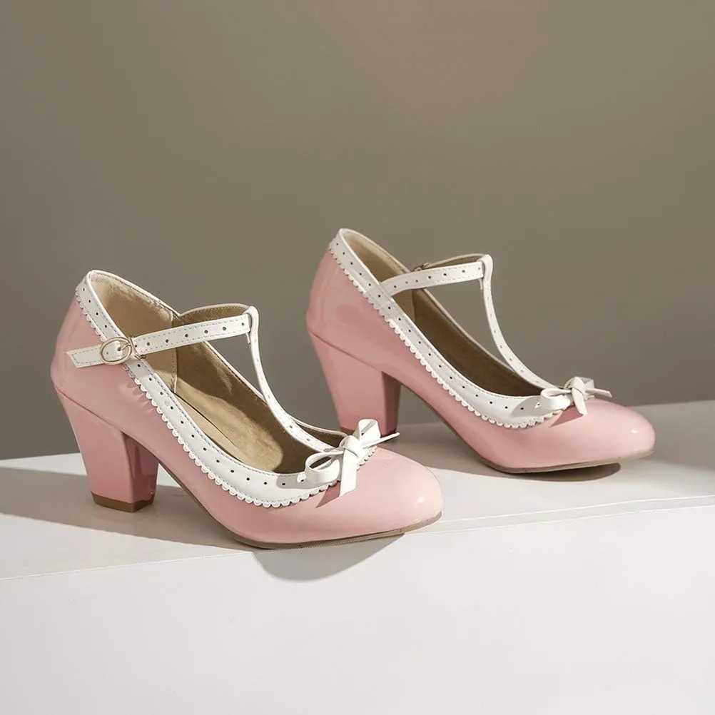 Womens Rockabilly Shoes T-Strap Mary Jane Block High Heel Closed Toe Pumps