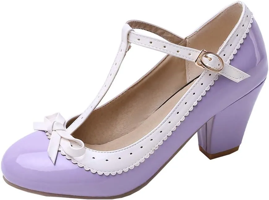 Womens Rockabilly Shoes T-Strap Mary Jane Block High Heel Closed Toe Pumps