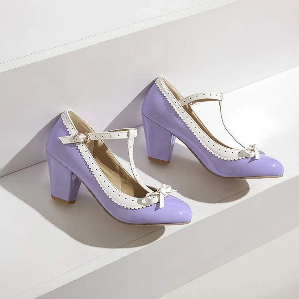 Womens Rockabilly Shoes T-Strap Mary Jane Block High Heel Closed Toe Pumps