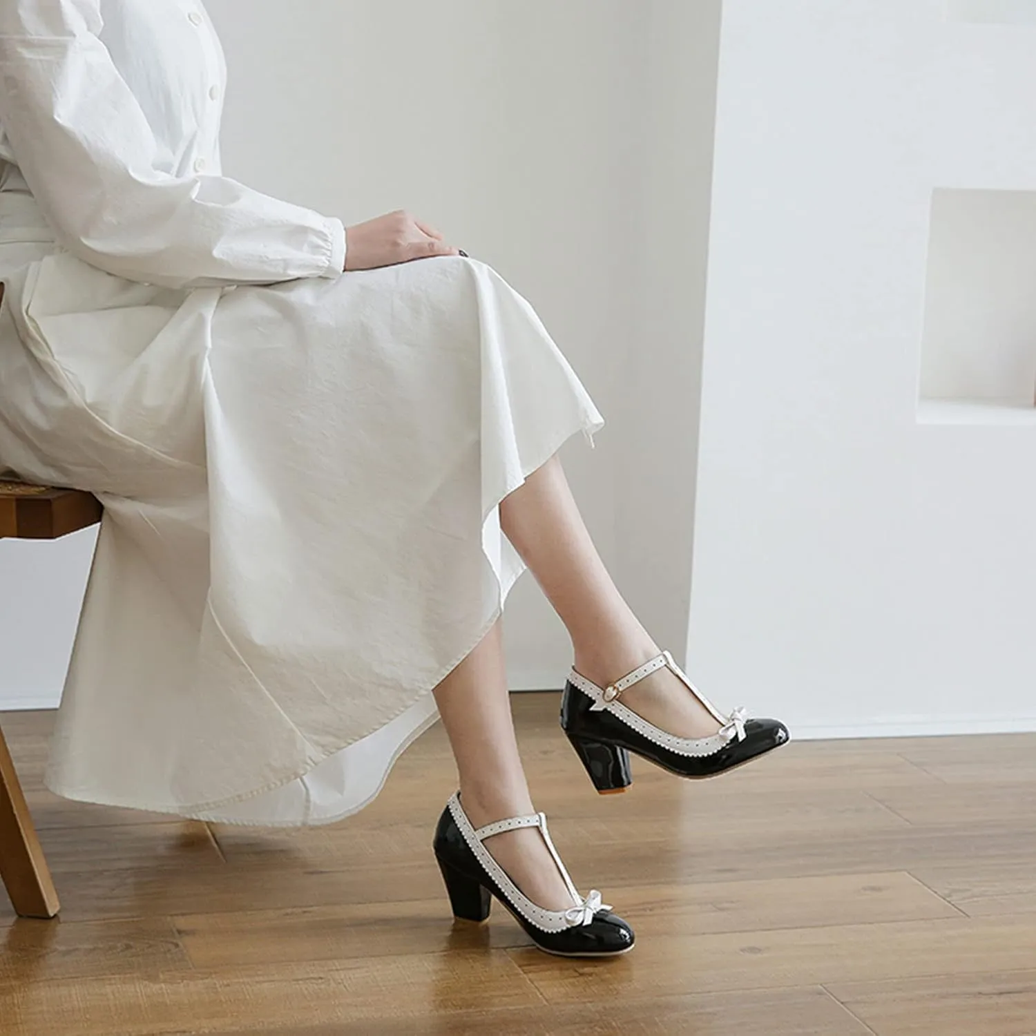 Womens Rockabilly Shoes T-Strap Mary Jane Block High Heel Closed Toe Pumps