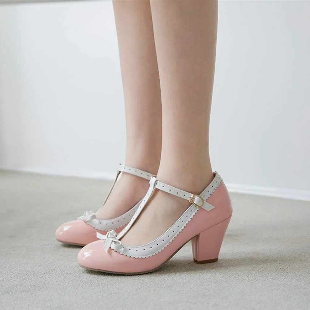 Womens Rockabilly Shoes T-Strap Mary Jane Block High Heel Closed Toe Pumps