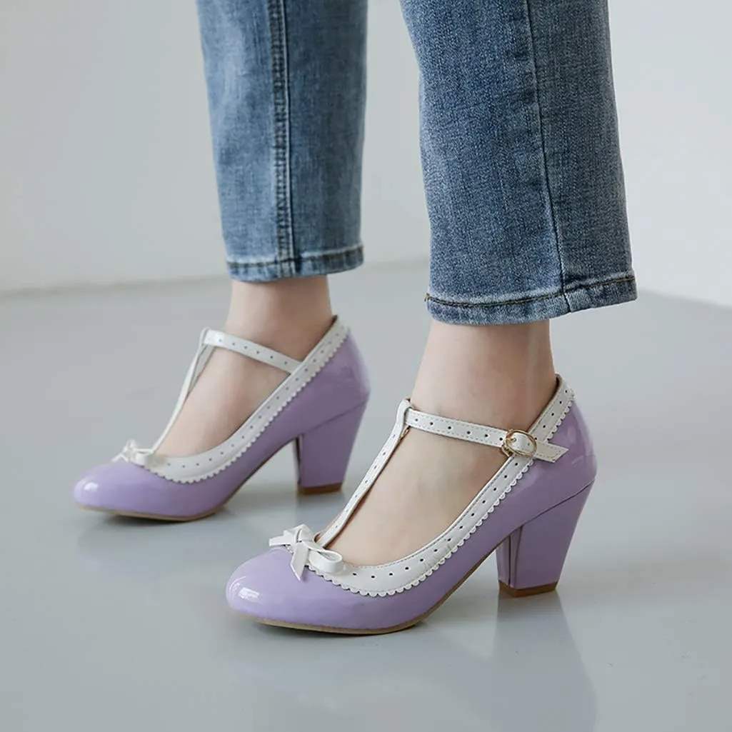 Womens Rockabilly Shoes T-Strap Mary Jane Block High Heel Closed Toe Pumps